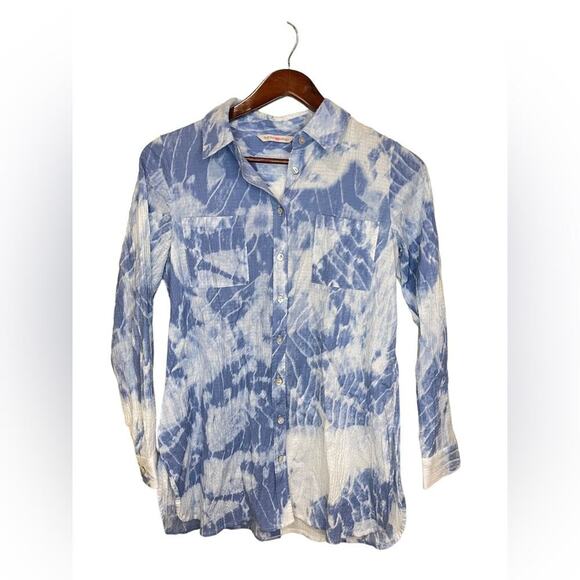 SOFT SURROUNDINGS Blue/White Tie Dye Seika Button Collared Blouse Sz XSmall EUC - Picture 2 of 10